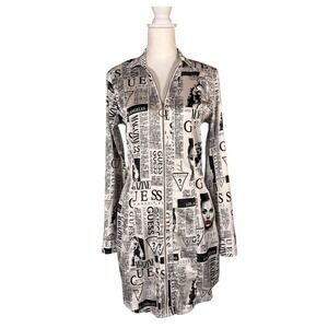 Guess Arden Shirt Dress S Newspaper Long Sleeve McBling Revival Graphic Iconic